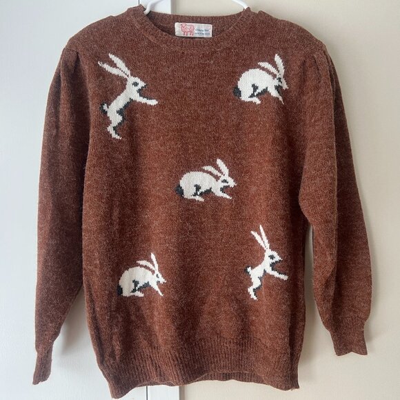 Vintage Sweaters - Vintage 80s Bunny Rabbit Sweater 40"B Puff Sleeves Pure Wool Brown by Cheung Kee
